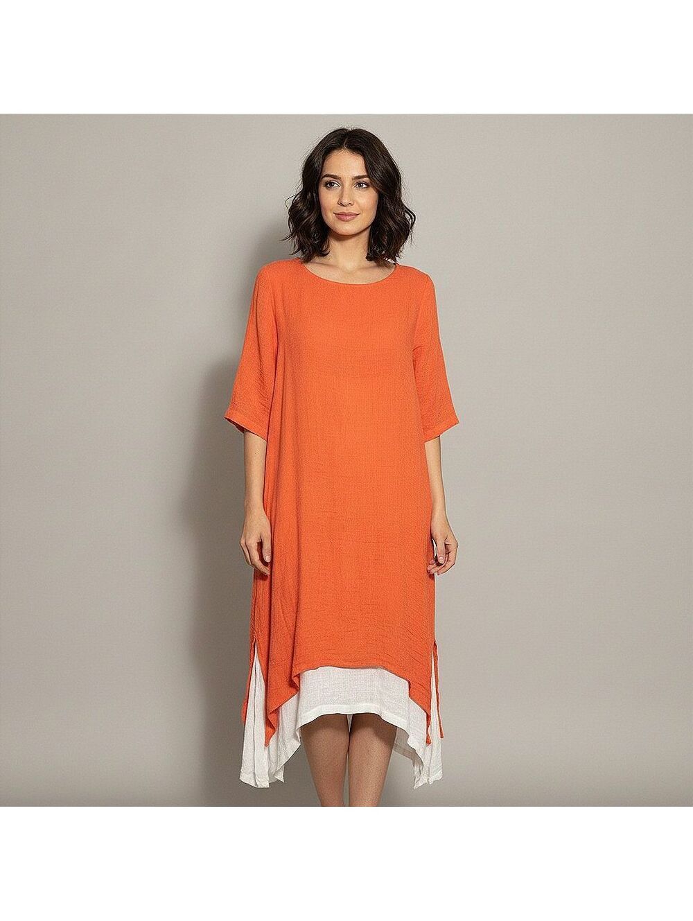 Anself Womens Orange Layered Bohemian Tunic Dress Size L Gauzy Lagenlook